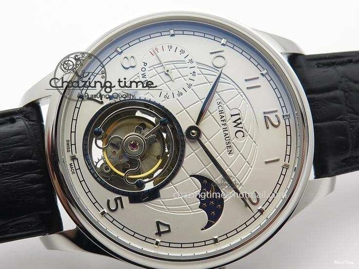 MIROTIME 0518 UrbanStyle Portuguese Tourbillon Power Reserve Moonphase SS White Dial On Black Leather Strap 7318
